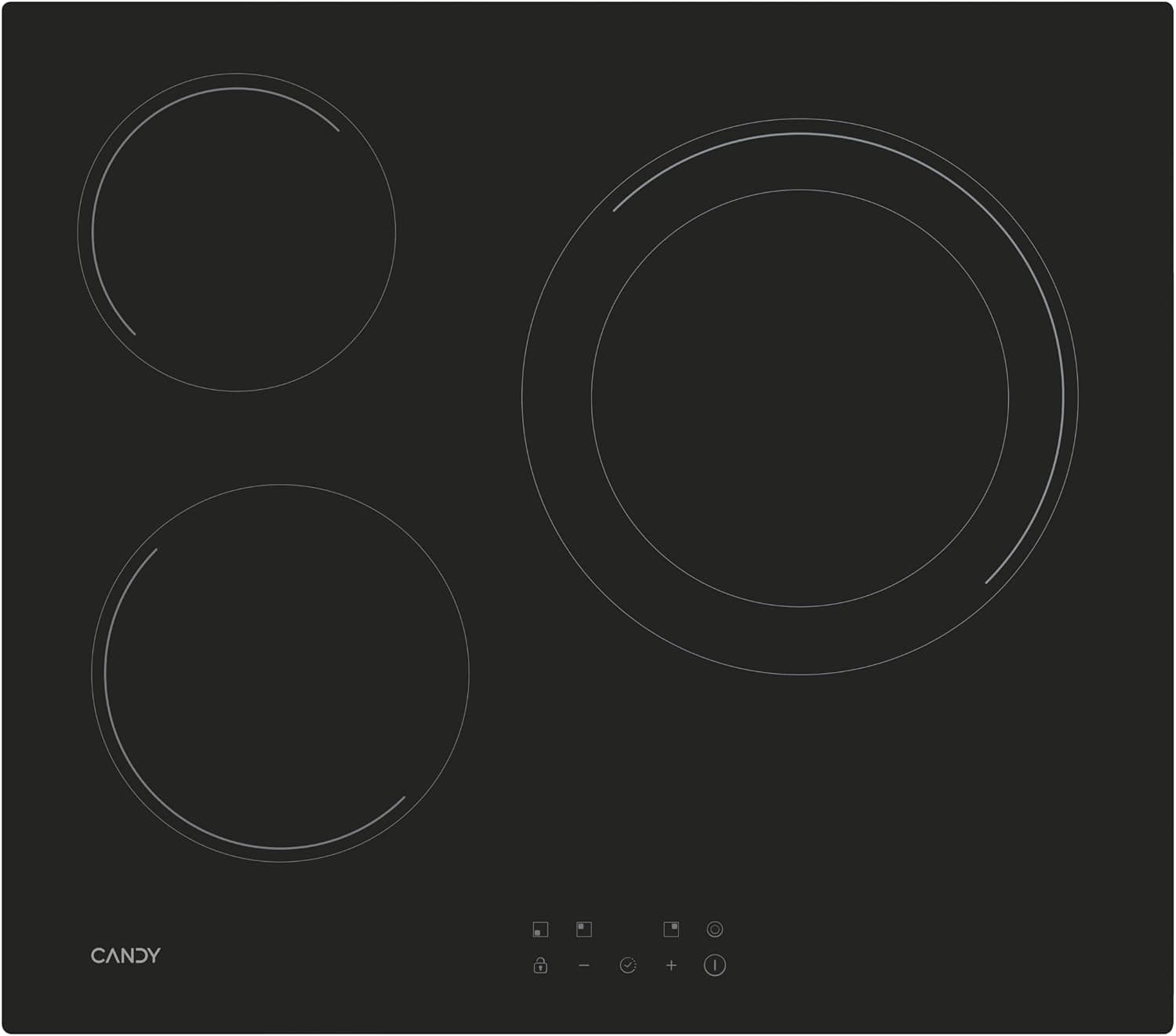 Candy CH63DCC Placa vitrocerámica 60 cm, 3 zonas de cocción, doble zona paellera de 28 cm, control táctil, 9 niveles de potencia, sistema de seguridad, color negro