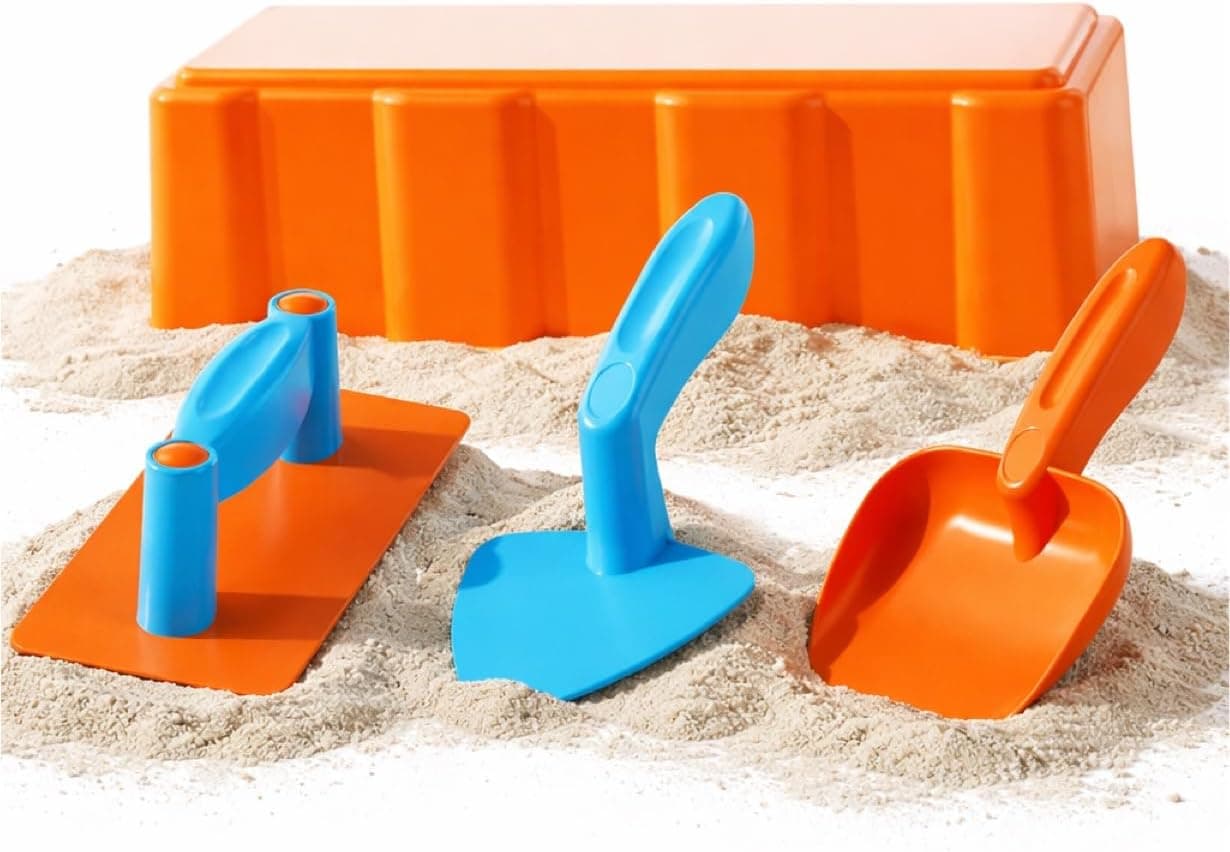 TK Gruppe Timo Klingler Juego de juguetes de arena – Juguete para caja de arena – con diferentes formas, colador, rastrillo, pala para caja de arena y moldes de arena para niños y niñas (4 piezas)