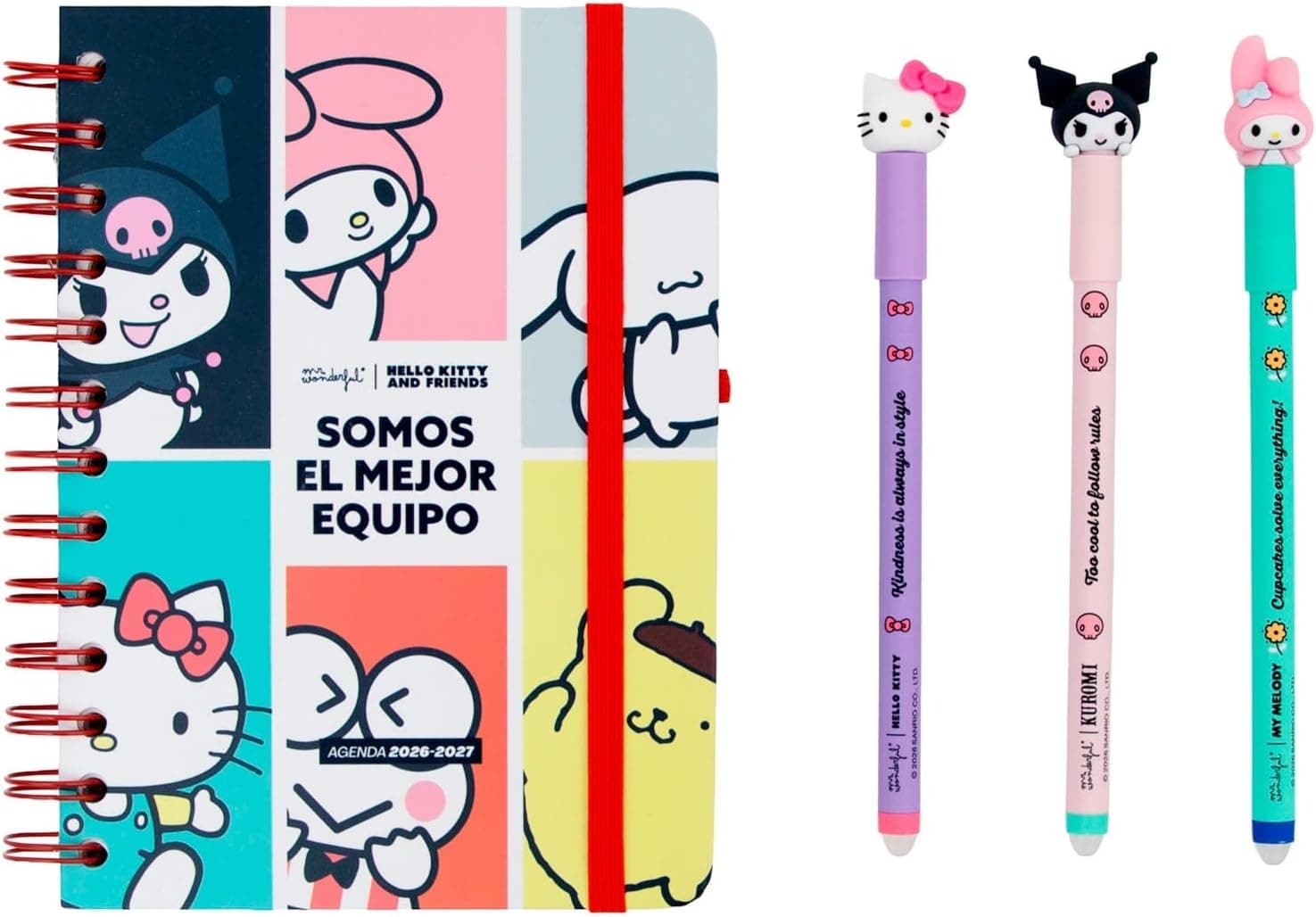Mr. Wonderful - Set Agenda escolar Hello Kitty 2026-2027 Semanal Pequeña + 3 Bolígrafos Borrables – Planificador Compacto con Pegatinas