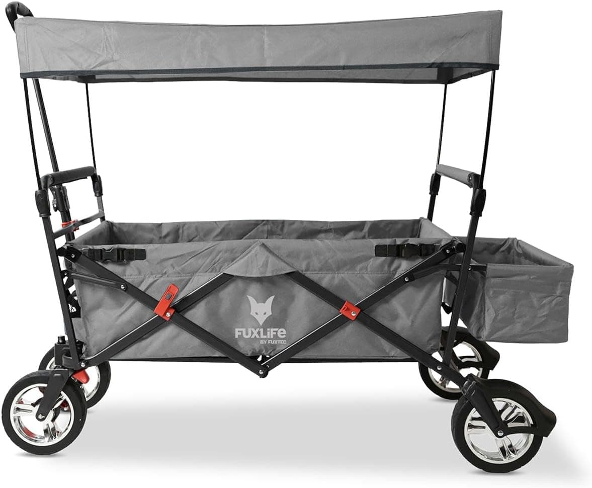 FUXTEC Bollerwagen City CT500, Carro Plegable con Techo UV, con Doble Freno Delantero.- Apto para niños, Ciudad, Campo, Playa o montaña- Tirar o Empujar - Capacidad de Carga 75 kg - Bolsa Trasera