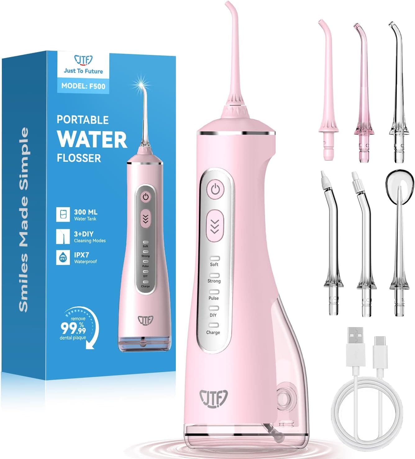 JTF Irrigador Bucal Eléctrico 300ML, 3+1 Modos Irrigador Dental, 6 Boquillas IPX7 Portatil Limpiador Dental para Ortodoncia/Encías Sensibles -Limpieza Dientes de Hogar Entusiastas Salud Ora(Rosa)