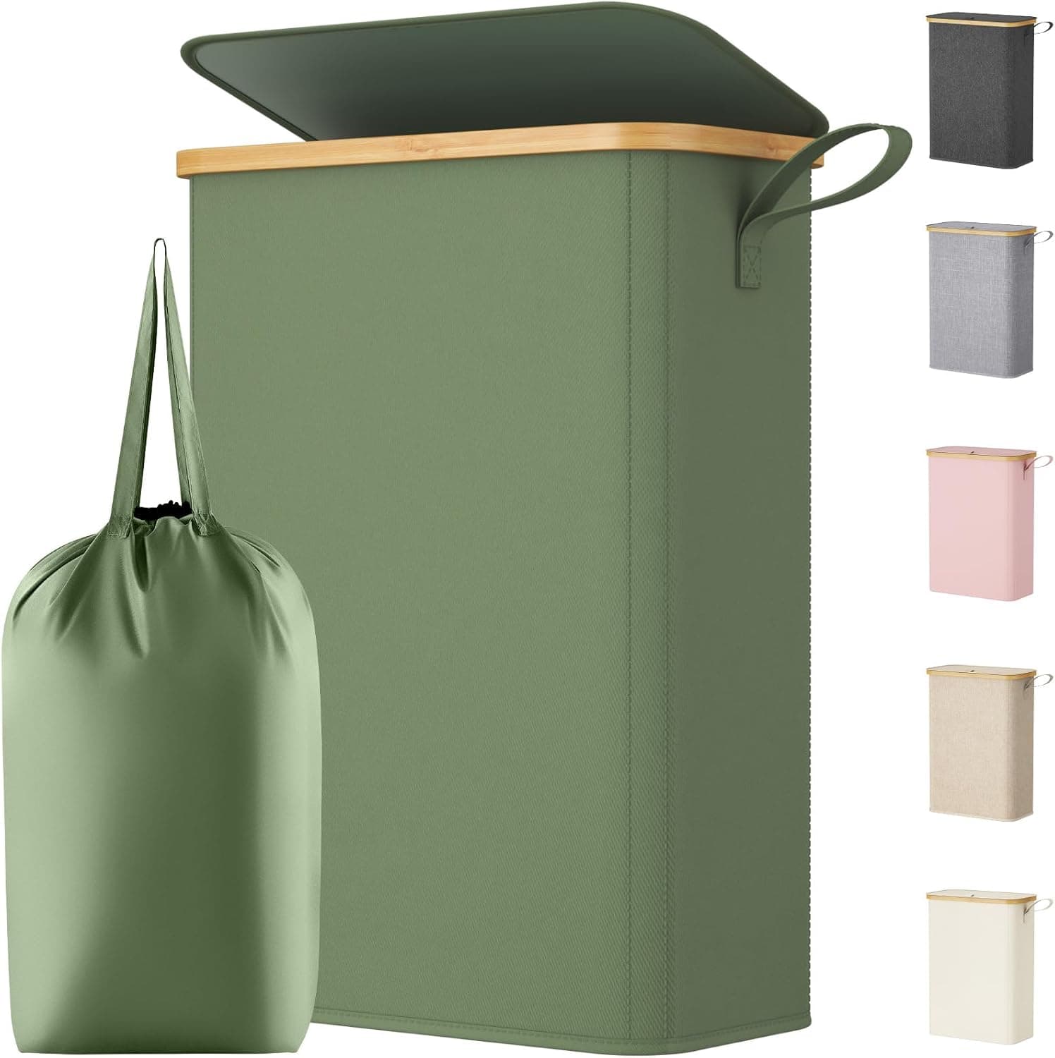 Lifewit Cesto Ropa Sucia Estrecho con Tapa, Cesto de Ropa Plegable con Bolsa Extraíble y Asa, Cesta Ropa Sucia de Bambú, Cubo de Ropa para Dormitorio, Baño, Lavandería, Dormitorio, 50 L, Verde