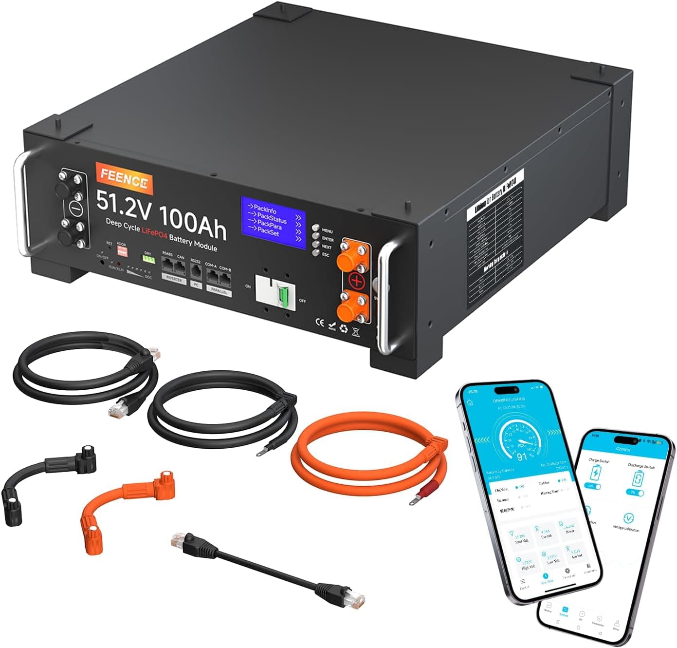 Batería Solar de Litio LiFePO4 de 48 V y 100 Ah, Compatible con la comunicación con inversores, Potencia de Salida máxima de 5,12 kWh, más de 6000 ciclos, Ideal para Sistemas autónomos