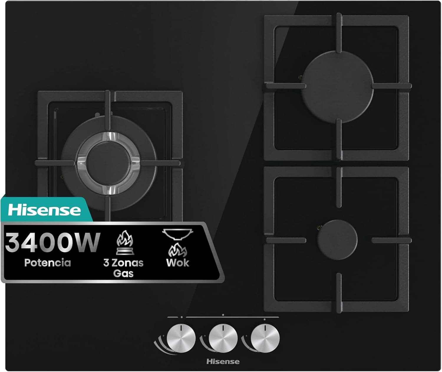 Hisense GG633B - Placa Cristal Gas, Integrable, Ancho 58cm, 3Fuegos