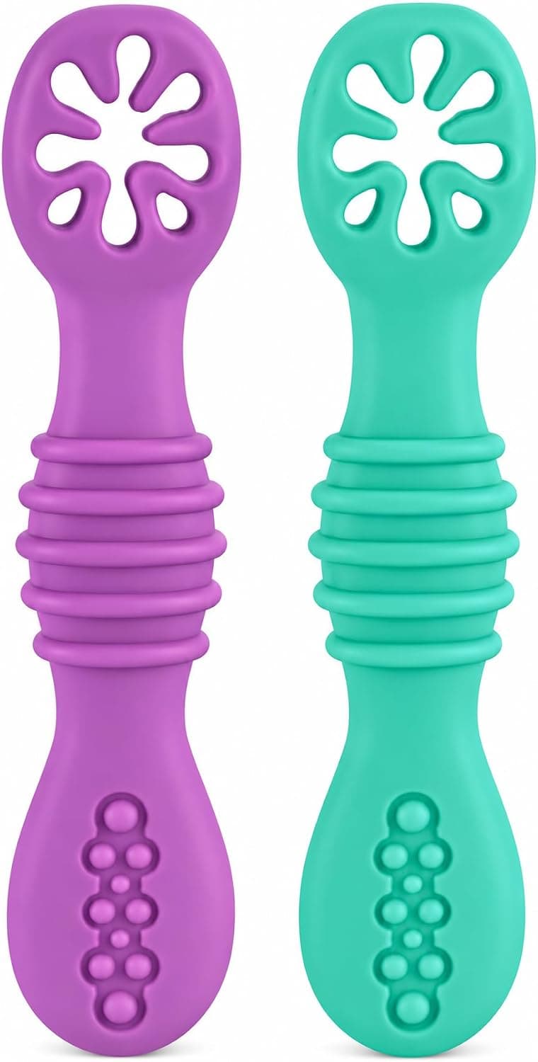 HOMYBABY® PreCucharas y Cucharas Bebe Silicona + EBOOK GRATIS Recetas BLW - Cuchara BLW Aprendizaje en etapas - Cubiertos Recomendados por Nutricionistas - Pre Cuchara Antibacteriana y Ergonómica (A)