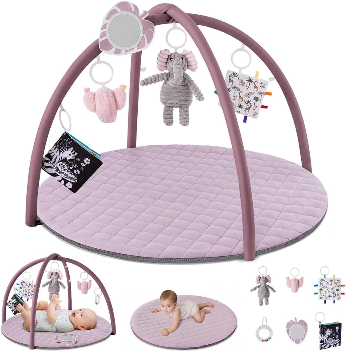 Blissful Diary Gimnasio Bebe Con Arco Desmontable, Manta Actividades Bebe De Forma De Hoja Con 6 Juguetes - Desarrollo Sensorial Y Motor Progresivo, Regalo Para Bebés, Rosa Lavanda