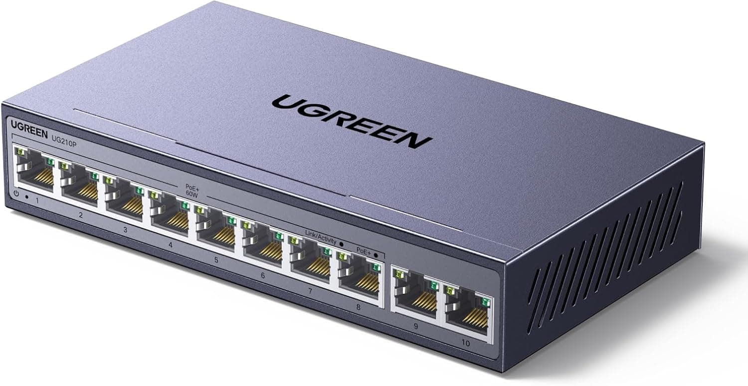 UGREEN 10 Puertos Switch Ethernet Gigabit con 8 PoE + 2 Gigabit-Uplink 60W