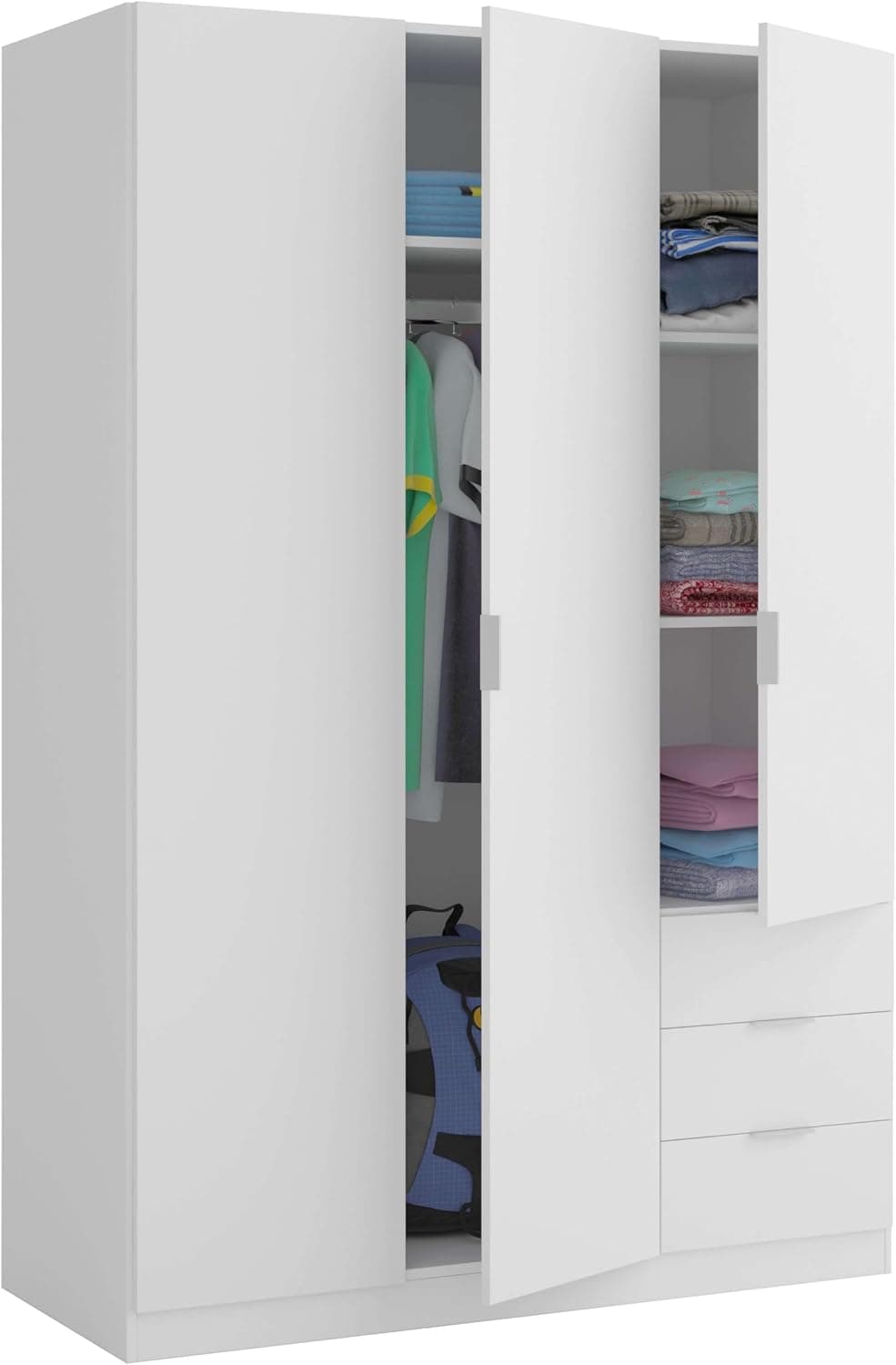 Habitdesign Armario Ropero 3 Puertas y 3 Cajones, 121x180x52 (AnchoxAltoxFondo - en Cm), Color Blanco Artik