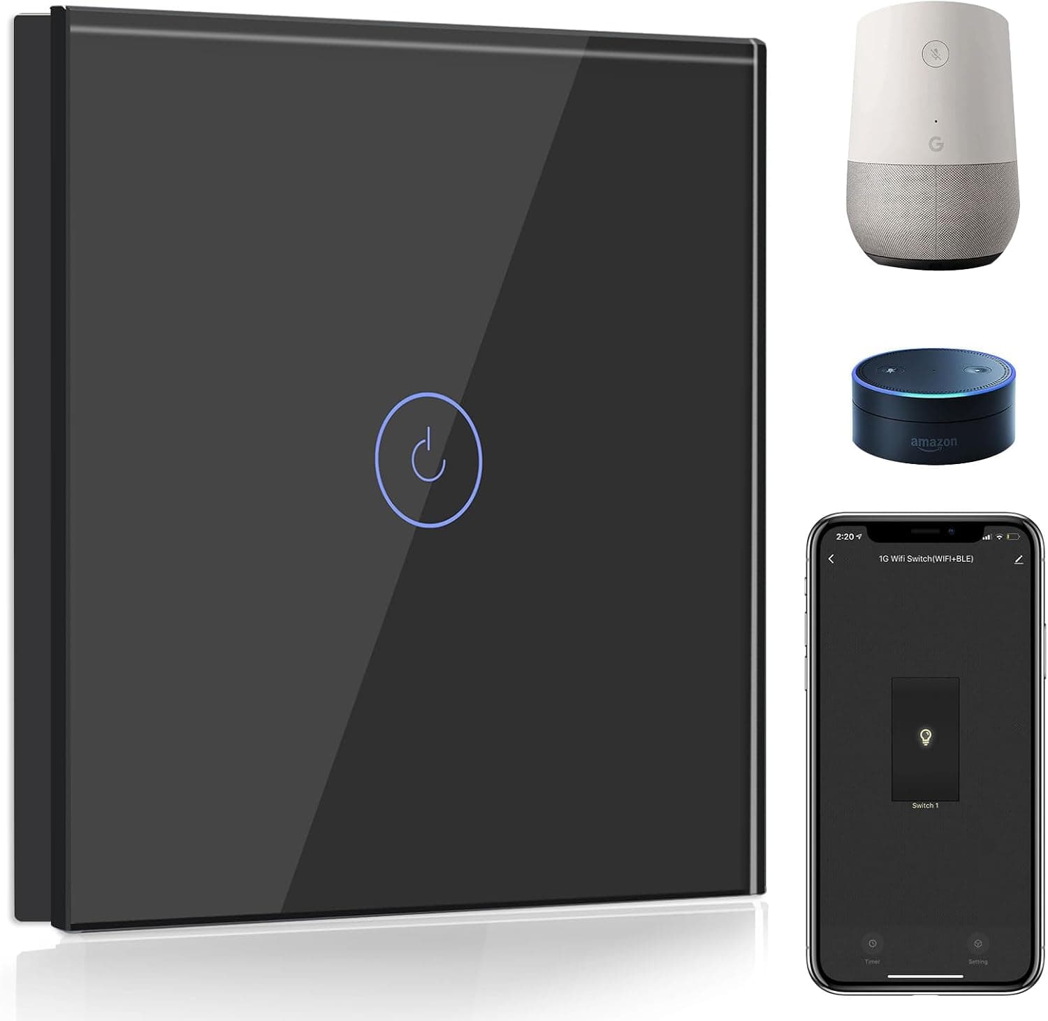 BSEED Interruptor de Pared WiFi,Interruptor Inteligente 1 Gang 1 Vía con Pantalla Táctil Negro,Compatible con Alexa, Google Home, Control de APP y Función de Temporizador【Se necesita Neutro
