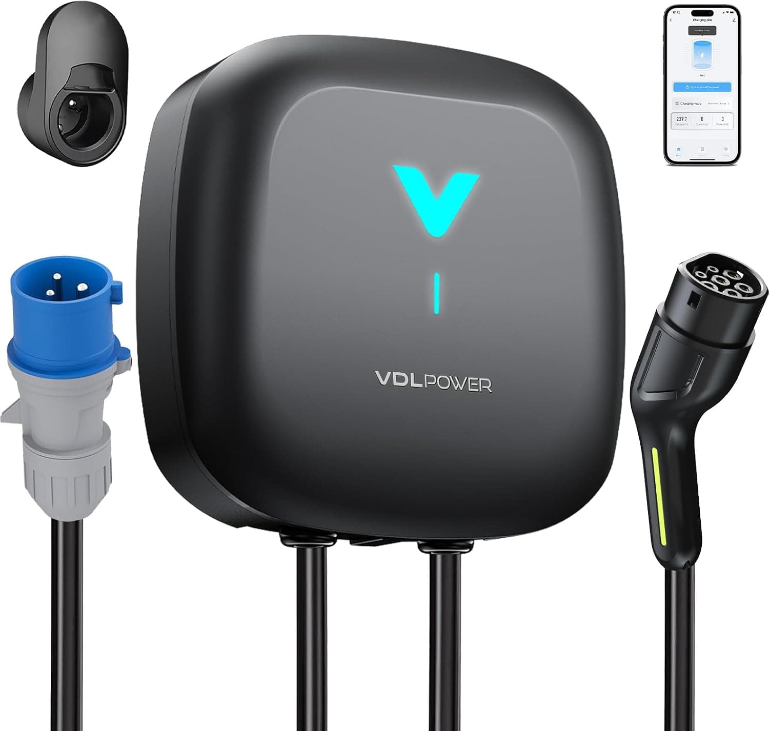 Wallbox 7,4 kW Monofásico con App, Cargador Coche Eléctrico 7,4 kW, Cable Carga Coche Electrico 6m, Cargador EV Tipo 2, 6–32A 230V, con RCD Tipo A, IP67, para WiFi y Bluetooth, para BEV/PHEV