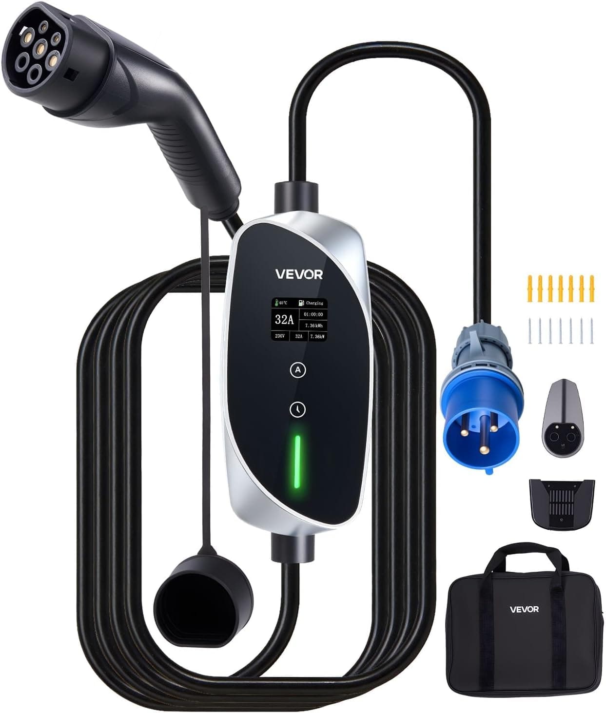 VEVOR Cargador para Vehículo Eléctrico Tipo 2 Monofásico 7,4 kW 32 A, Cargador de Pared EV con Cable de 6 m, Punto de Carga con Enchufe CEE32, Pantalla LCD, Estación de Carga y Caja de Control IP66
