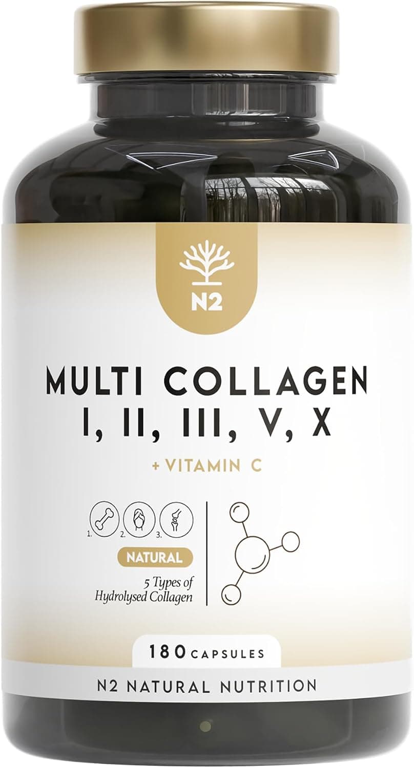 Multi Colágeno Hidrolizado Puro 1650mg + Vitamina C 53mg. Colágeno Tipo I, II, III, V y X, 180 cápsulas. Favorece la Salud de Piel, Cabello, Huesos y Articulaciones. N2 Natural Nutrition.