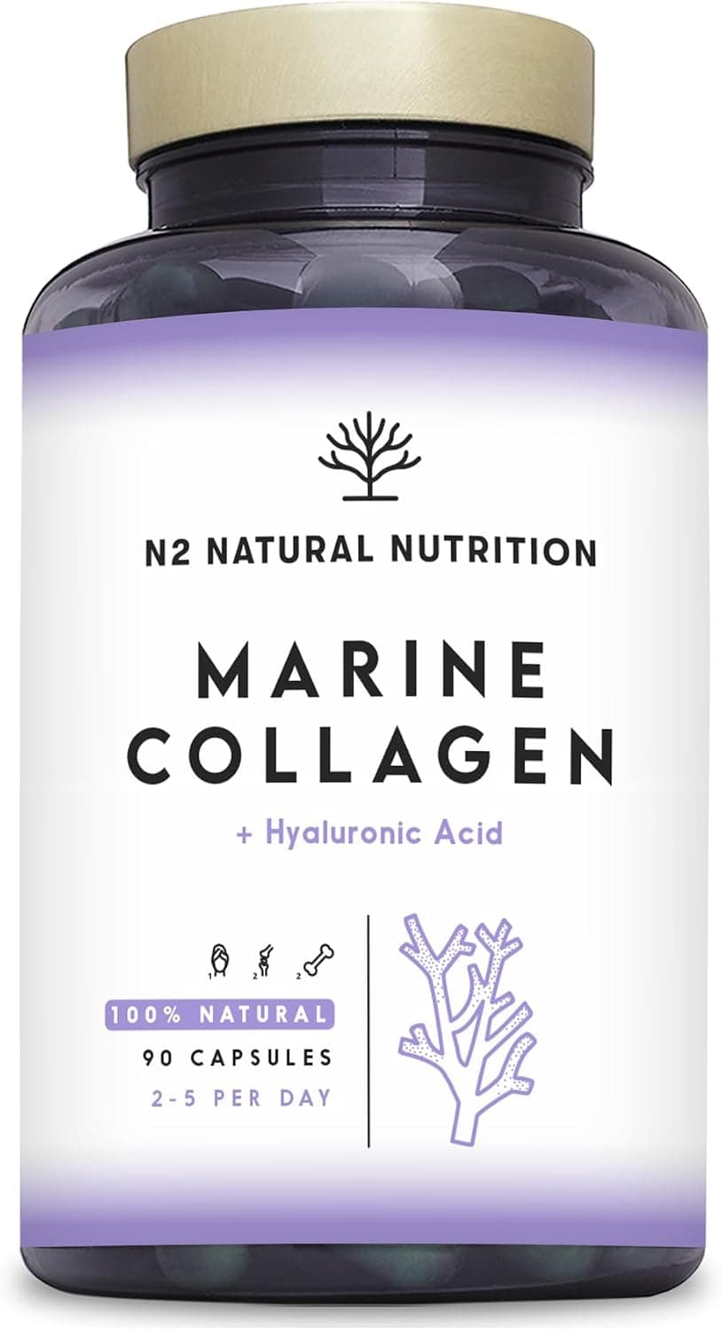Colageno Marino Hidrolizado Puro. Peptan. Con Ácido Hialurónico y Vitamina C. 90 Caps. Alta Concentración. Suplemento Articulaciones, Piel y Huesos. Colageno con Magnesio. N2 Natural Nutrition