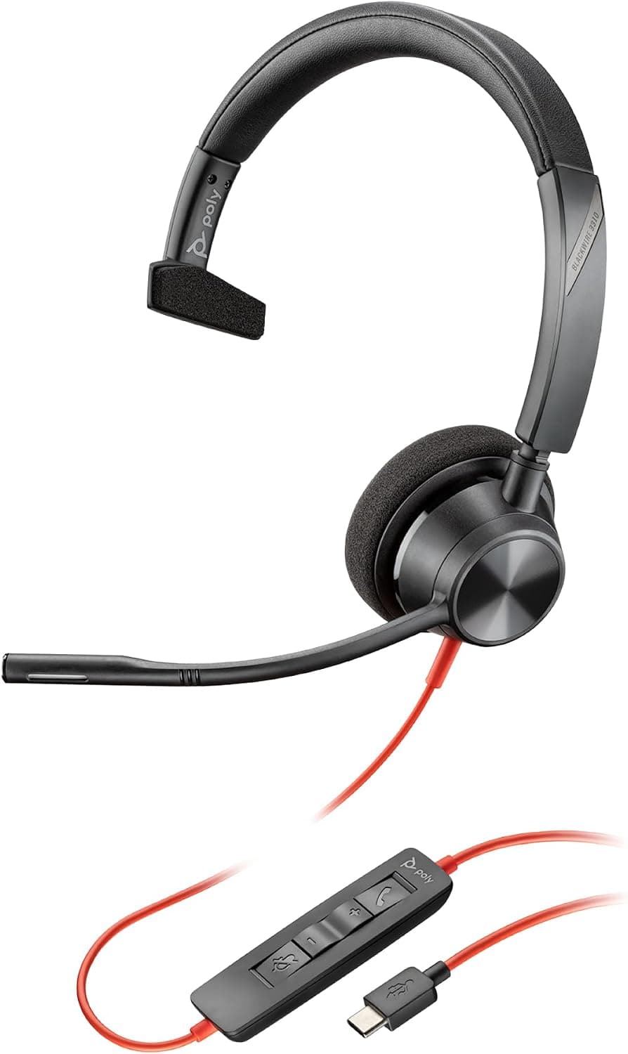 Plantronics Auricular Poly Blackwire 3310 con cable, Brazo de micrófono flexible, Diseño monoaural, Conexión a PC/Mac mediante USB-C o USB-A, Funciona con Teams y Zoom