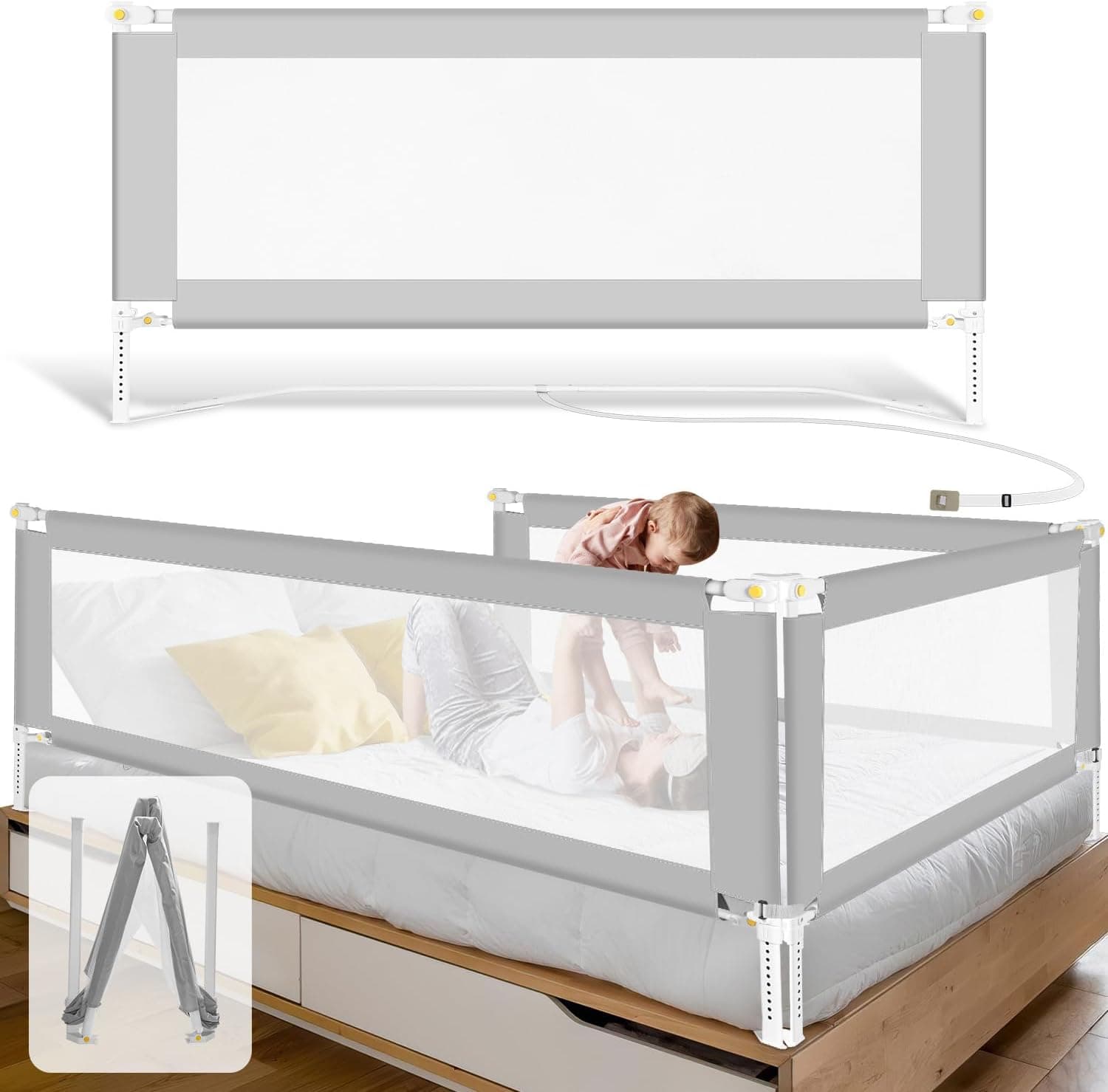 Barrera de Cama para Niños 150 cm, Barandilla de Seguridad Abatible con Base en U, Altura Regulable 68-95 cm, Malla Transpirable, Gris