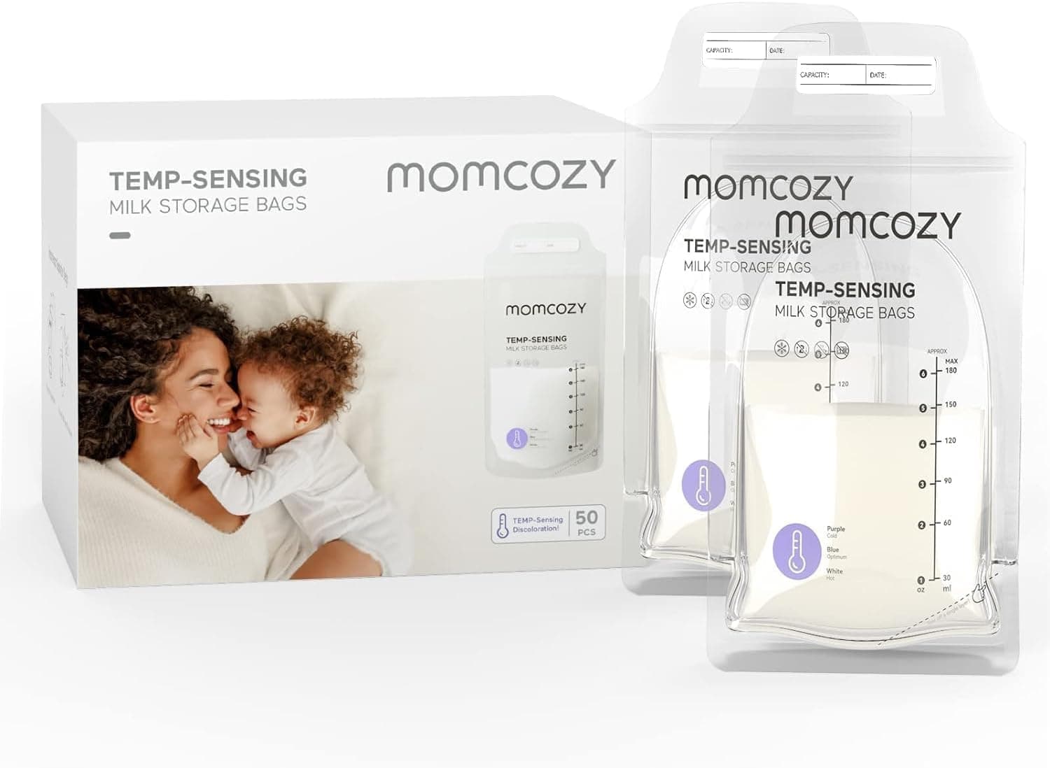 Momcozy 50 Bolsas de Almacenamiento, Bolsas de Almacenamiento de Leche Materna con Detección de Temperatura, Bolsas de Almacenamiento de Leche Desechables con 180mL Autónomas