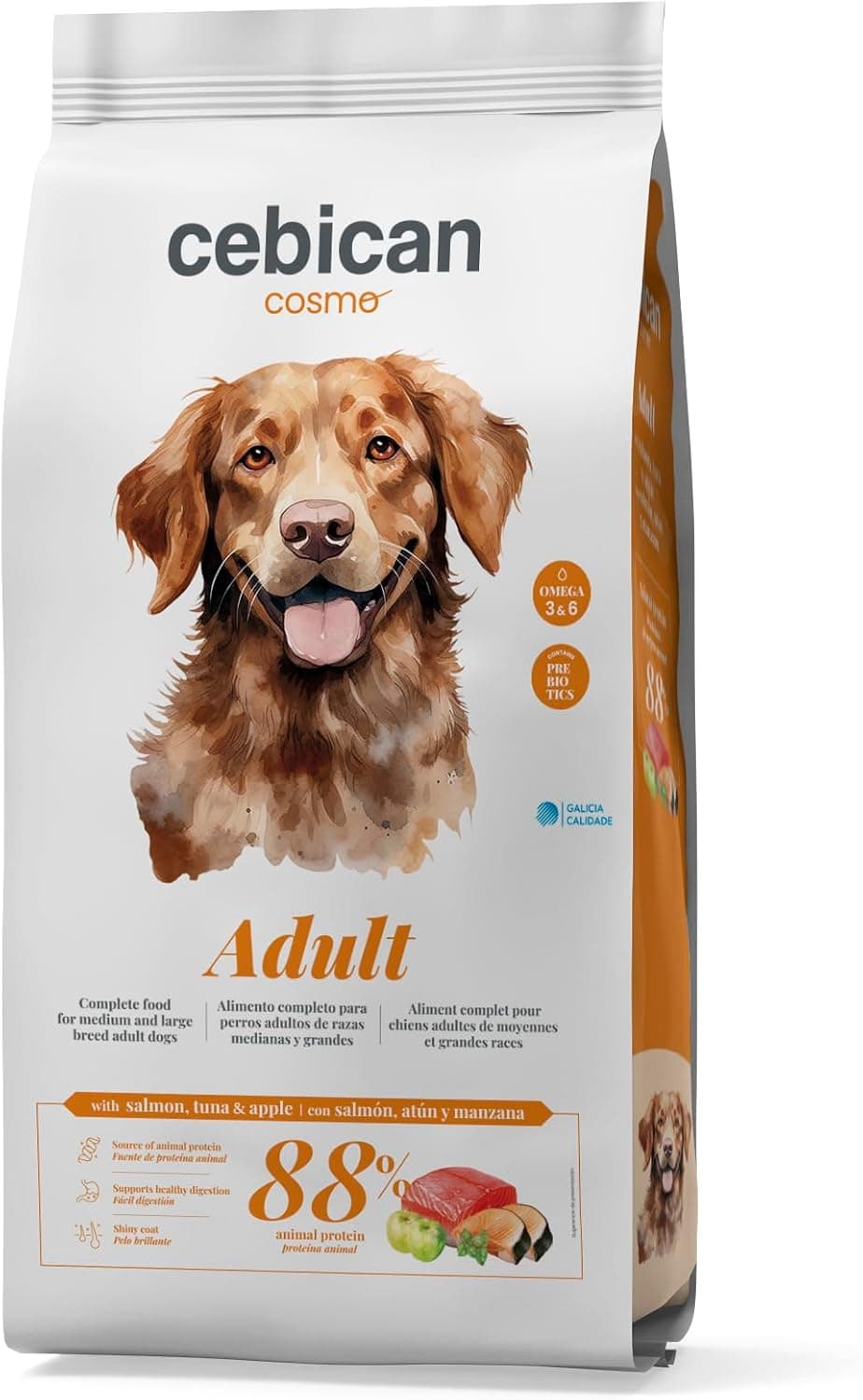Adult 3 kg - Pienso para Perros Adultos Medianos y Grandes con Salmón, Atún Y Manzana – Comida para Perros Natural con Omega 3 y 6, Prebióticos y Glucosamina – 88% Proteína Animal (3 kg)