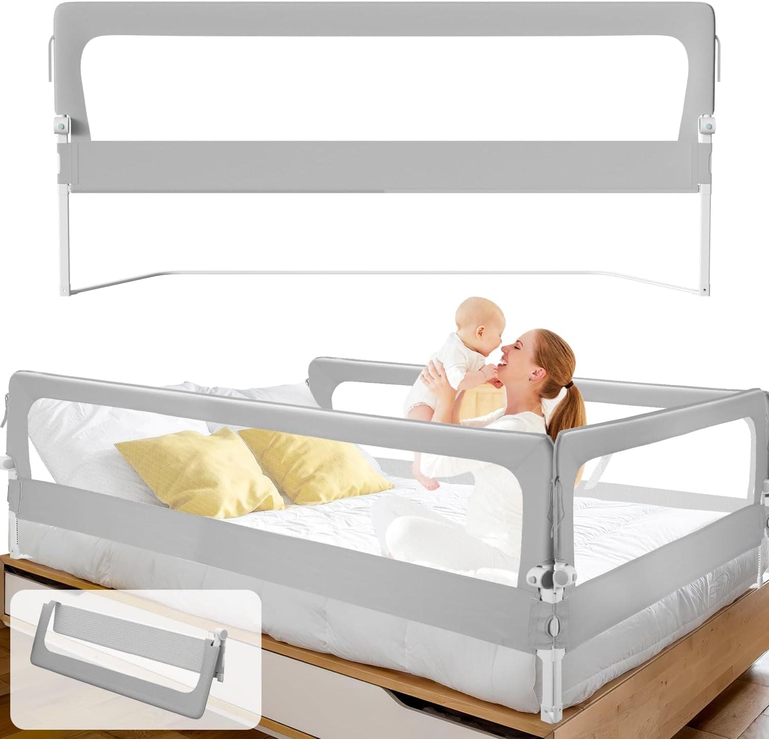 Fiqops 200cmx1+150cmx1 Barrera de cama abatible, protección contra caídas para cama infantil, barandilla de cama ajustable en altura de 72-86 cm con cinchas para camas boxspring y camas infantiles