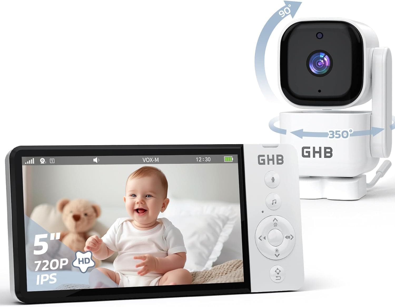 GHB Camara Vigilancia Bebe 5" 720P IPS Rotación de 350° Duración 168 Horas