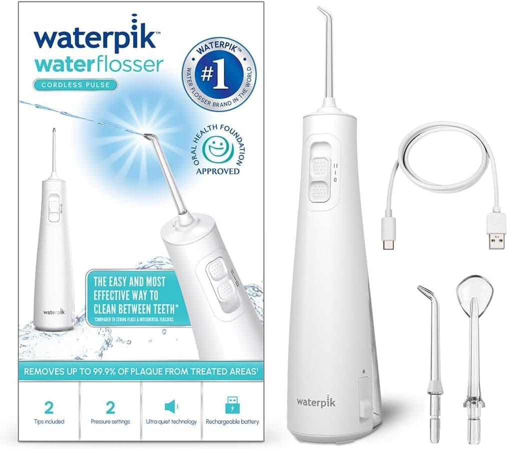 Waterpik Cordless Pulse, Irrigador Dental Eléctrico Portátil, Blanco | Portátil y recargable, Eliminación de placa, Para viajar y baños pequeños
