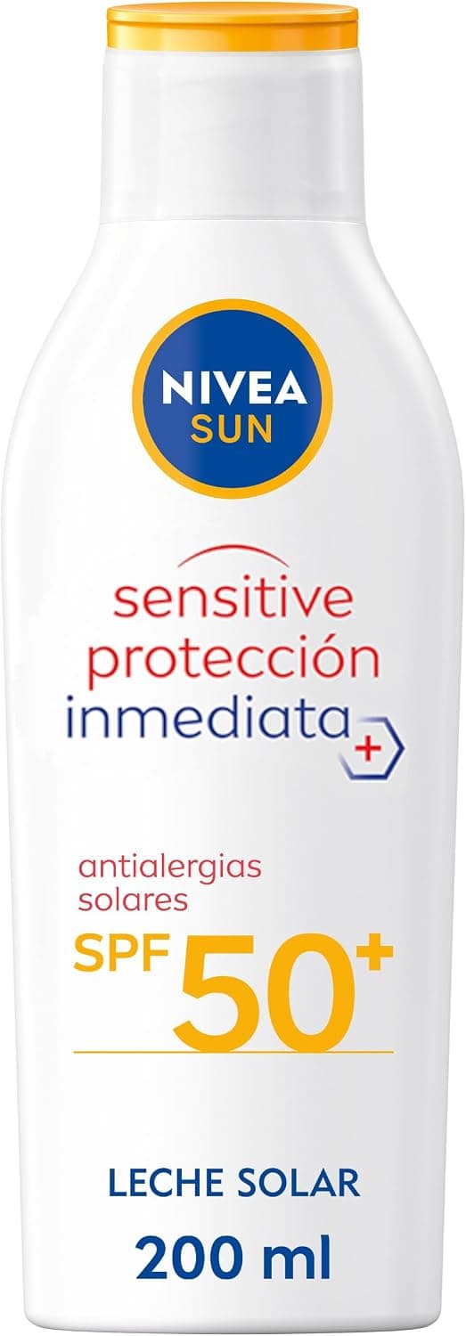 NIVEA SUN Sensitive Protección Inmediata Antialergias Solares Leche Solar FP 50+ (1 x 200 ml), protector solar no graso para piel sensible, crema solar resistente al agua