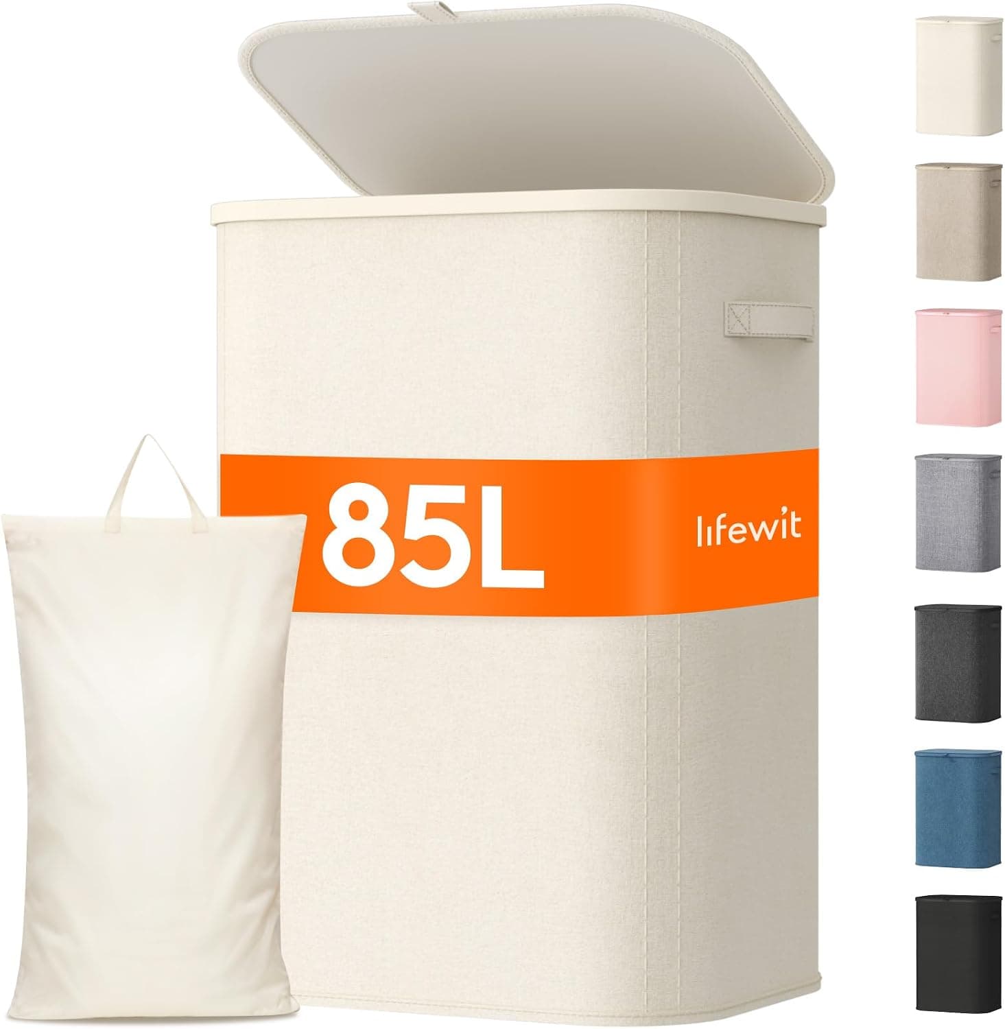 Lifewit Cesto Ropa Sucia, Cesta Ropa Plegable con Bolsa Extraíble y Asa, Cubo Ropa Sucia con Tapa, Laundry Basket para Dormitorio, Baño, Lavandería, Dormitorio, 85 L, Blanco