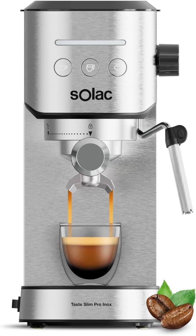 Solac Taste Slim Pro Inox - Cafetera Espresso 20 bares | 2 cacillas | Calientatazas | Calentamiento Thermoblock | Parada Automática | 1L | Acero Inoxidable | Programable | Libre de BPA