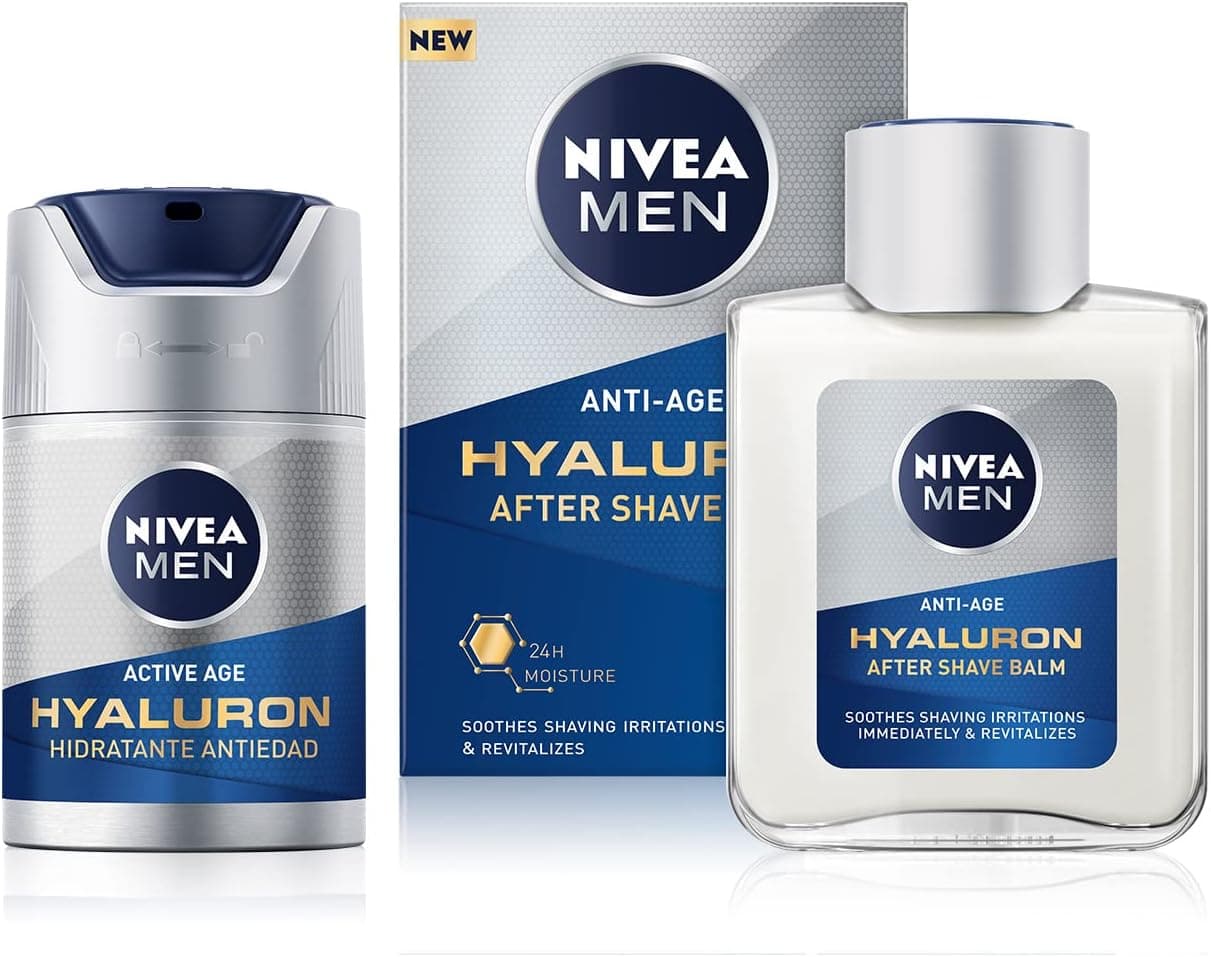 NIVEA MEN Hyaluron Crema Hidratante Antiedad FP15 50 ml + NIVEA MEN Hyaluron Bálsamo After Shave 100 ml - Set de Regalo para Hombre de Cuidado Facial Masculino - Ácido Hialurónico - Todo Tipo de Piel