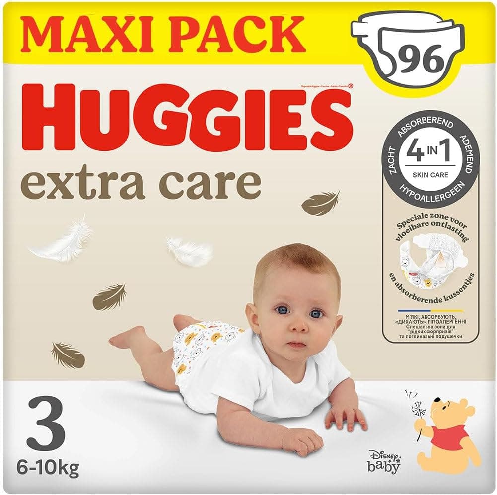 Huggies Extra Care Pañal para bebé con diseños Disney Talla 3 (5-9 kg), 3 packs x 32 pañales, 96 pañales con almohadillas extra suaves que cuida de la piel del bebé