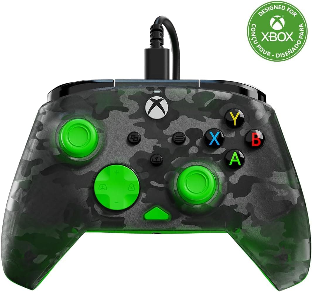 Turtle Beach Rematch Core Camo Negro/Verde - Gamepad con cable - Con licencia para Xbox Series XS, Xbox One y PC - Botones de audio, motores de vibración y disparadores de pulso, cable de 3 m