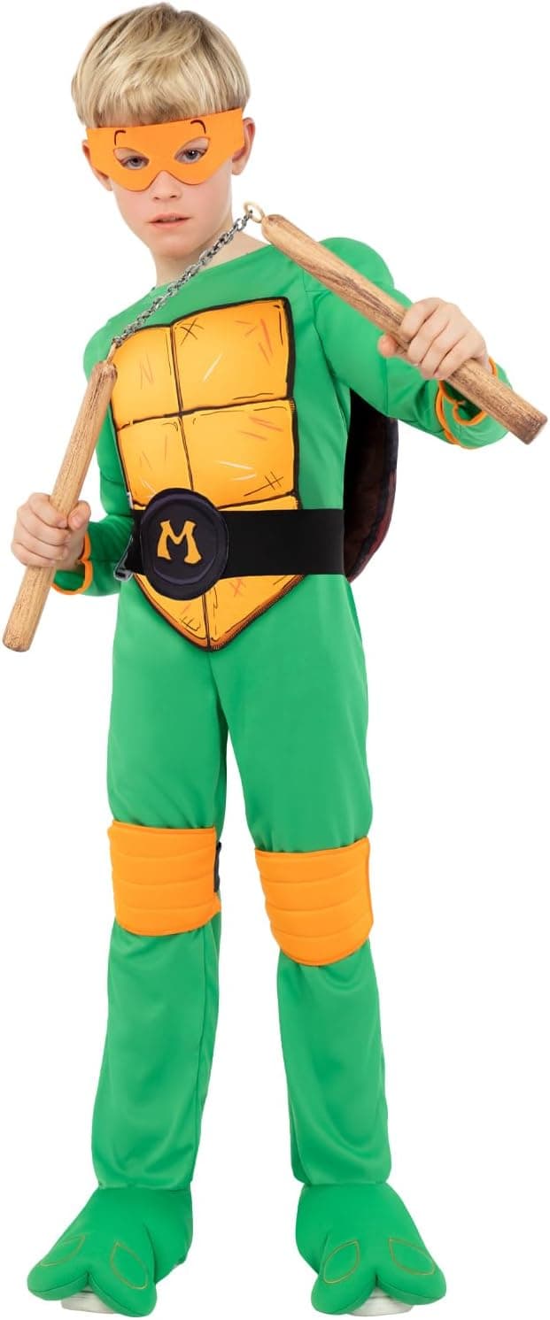 Funidelia Disfraz Oficial de Michelangelo Las Tortugas Ninja para Niño y Niña con mono, caparazón y máscara, Traje de Ninja Infantil, Disfraces de Carnaval, Halloween y Fiestas – Talla 13-15 años