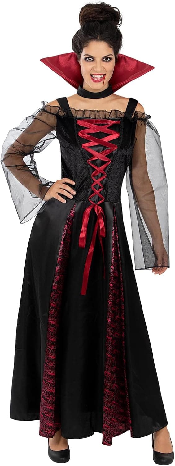 Funidelia Disfraz de vampiresa para mujer tenebrosa con cuello incluido, Traje de Drácula Terrorífico para adultos, Disfraces de Carnaval, Halloween y Fiestas – Talla XL