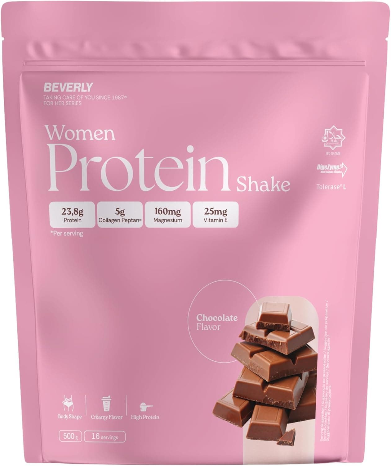 Beverly Women Protein - Proteína de suero especial mujer con colágeno marino, magnesio y vitamina E - 24 g de proteína por servicio - 16 servicios (500 g, Chocolate)