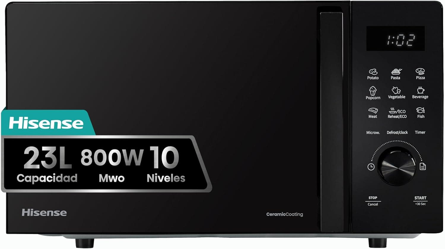 Hisense H23MOBSD1H - Microondas Digital con Grill 23L, 800W, Revestimiento Cerámico, Cristal Premium, 10 Niveles de Potencia, Función de Descongelación, 9 Programas Automáticos, Fácil limpieza