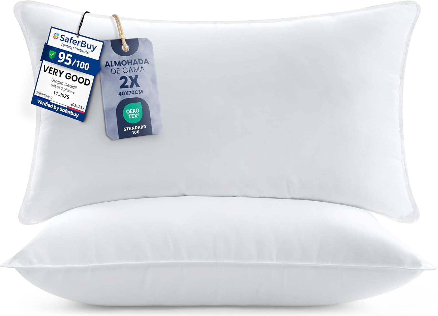 Utopia Bedding Almohada 40x70 cm Pack de 2, Fibra Hueca, Blanco