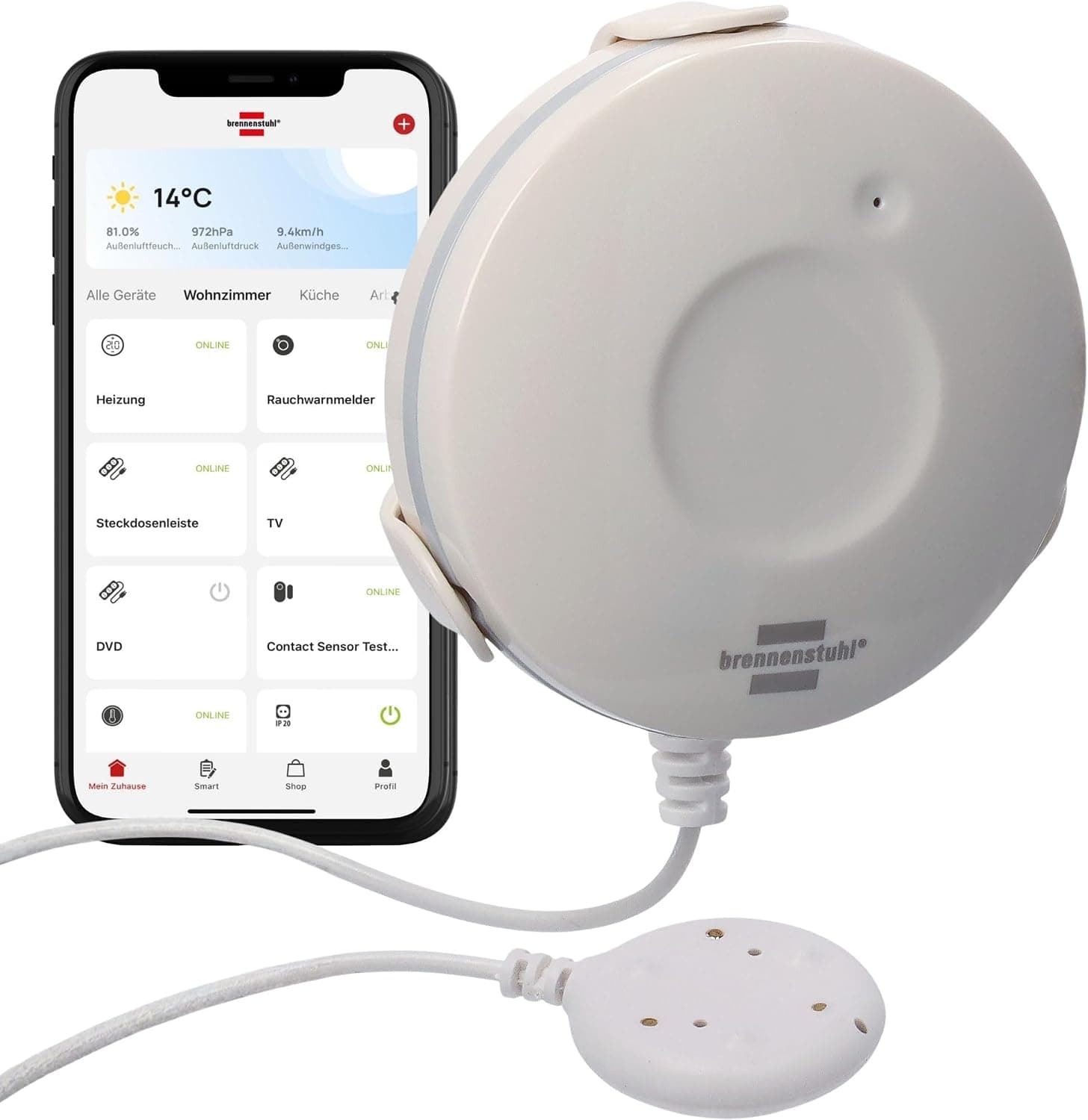 Brennenstuhl Connect Zigbee Detector de Agua WM CZ 01 (Detector de Fugas de Agua avisa de daños por Agua, notificación inmediata Mediante App y señal acústica, baño/Cocina/sótano, Pila CR2 incluida)