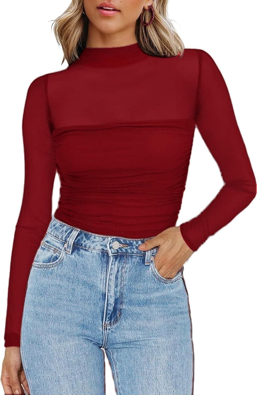 Zeagoo Camiseta de malla para mujer, transparente, cuello redondo, manga larga, sexy, para fiestas, corte ajustado, camiseta de manga larga