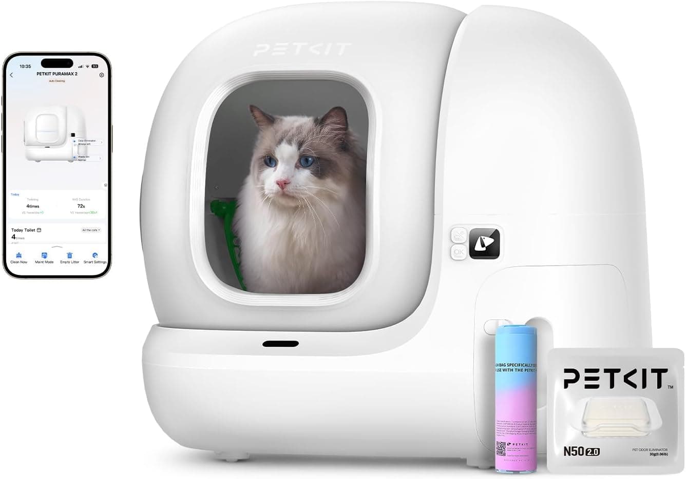 PETKIT Pura MAX 2 Arenero Gatos Autolimpiable, Inodoro para Gato, Arenero Autolimpiable para Gatos, Anti-Fugas, xSecure/Eliminar olores/APP/76L, para Varios Gato (Sin Purificador, con N50