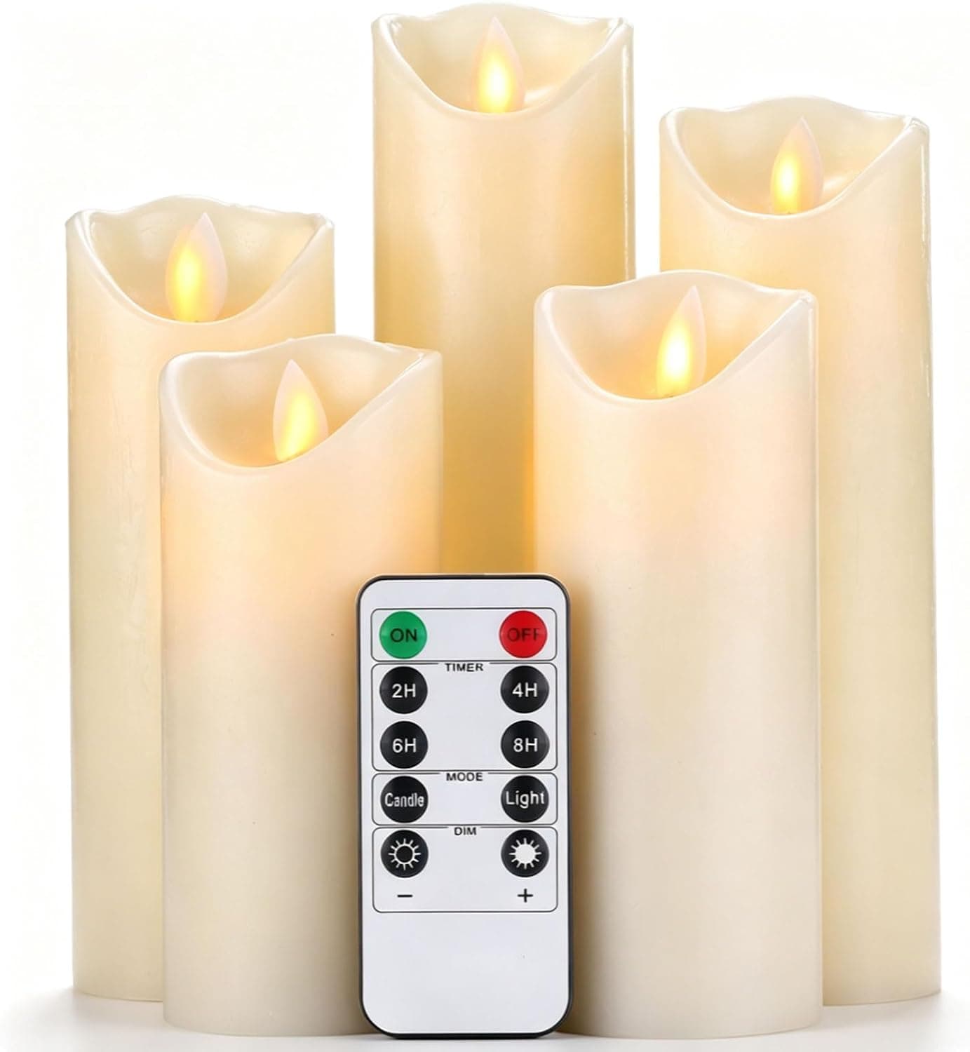 Da by - Velas LED, juego de 5 velas decorativas (14 cm, 15 cm, 16 cm, 18 cm, 20 cm), vela sin llama de 10 toques. Llama LED intermitente, hecha de cera real