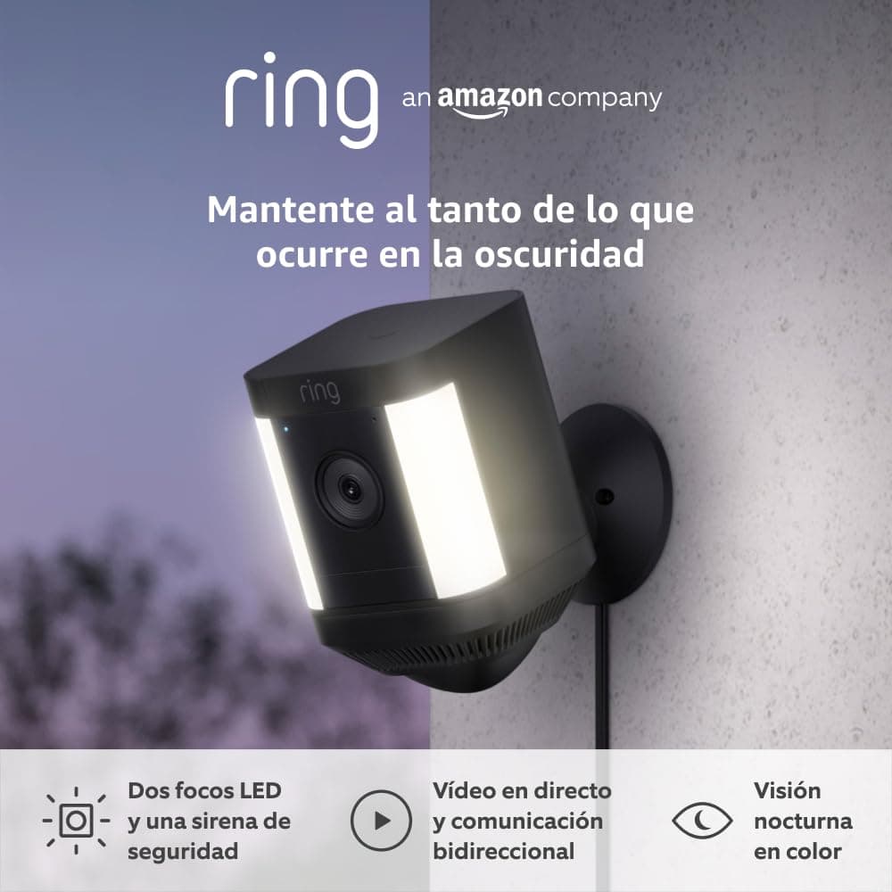 Ring Cámara Plus con luces y enchufe (Spotlight Cam Plus) | Cámara de vigilancia exterior wifi con vídeo HD 1080p, comunicación bidireccional, visión nocturna y focos LED | 30 días gratis de Ring Home