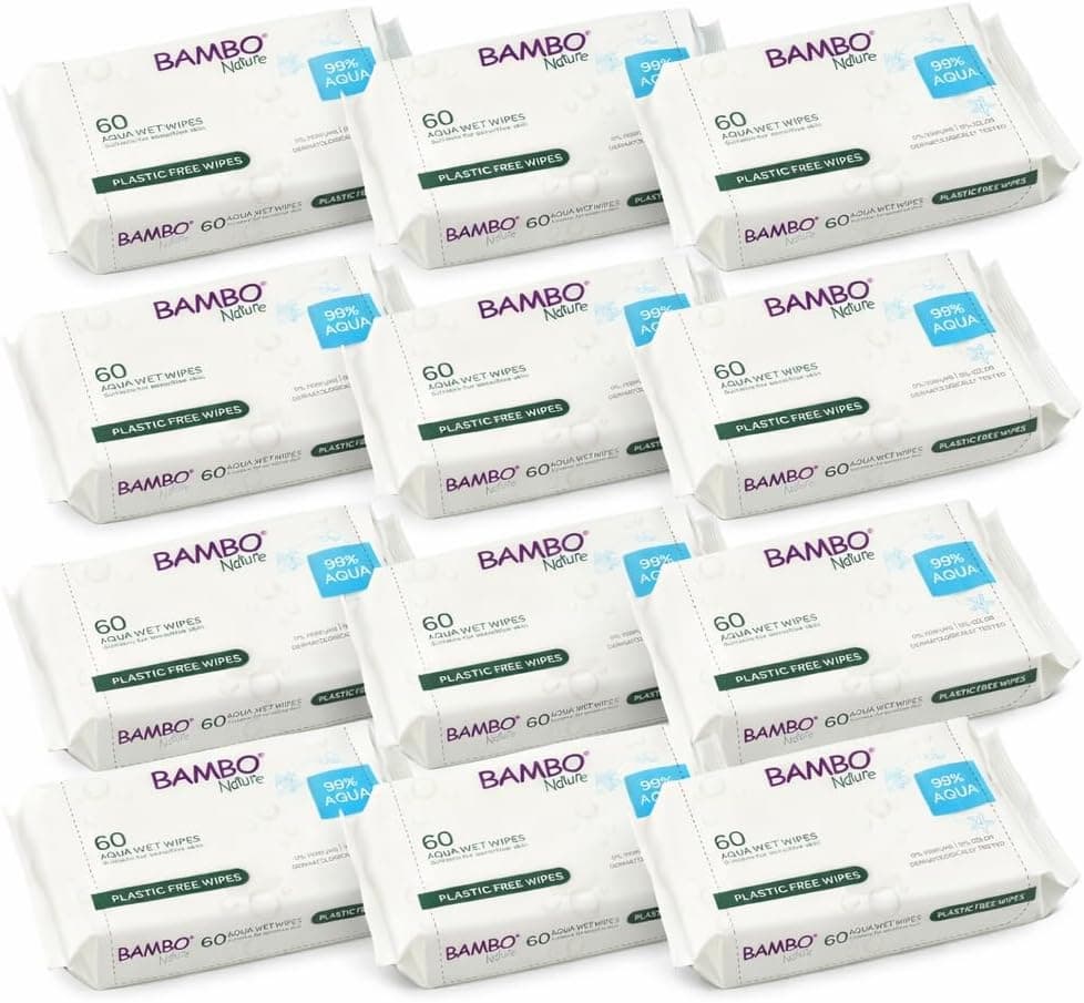 Bambo Nature Aqua Toallitas Húmedas Bebé 99% Agua – Pack 12×60 Toallitas, Sin Perfume ni Colorantes, 100% Viscosa, Para Piel Sensible y Recién Nacidos