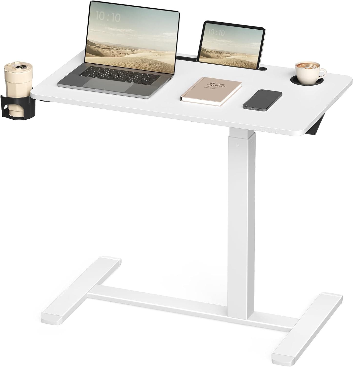 VASAGLE Escritorio con Ruedas, Altura Ajustable, 80 x 45 cm, 2 Portavasos