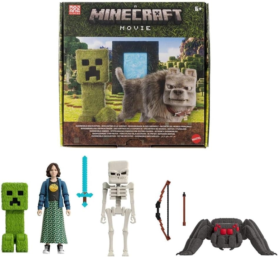 Mattel Minecraft Encuentros en la superficie Conjunto de historia Pack con cuatro figuras de acción y tres accesorios inspirado en la película “Una película de Minecraft”, juguete coleccionable, JFR70