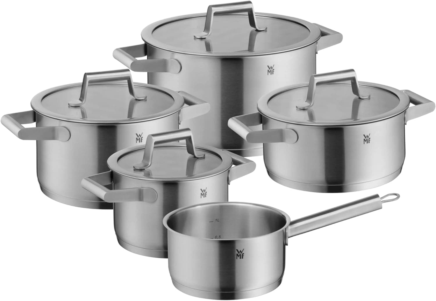 WMF Comfort Line - Juego de ollas de inducción (5 piezas, con tapa de cristal, acero inoxidable Cromargan mate, escala, juego de ollas apilables, sin revestimiento)