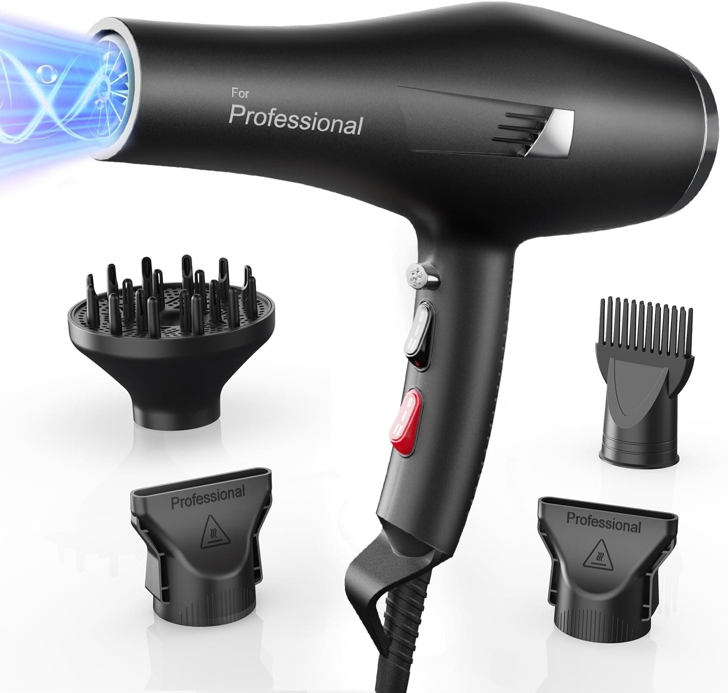 Secador pelo profesional con iones, Hair Dryer iónico con 1 difusor, 2 boquillas de peinado, 3 temperaturas (aire frío y caliente), secado rápido para todo tipo de cabello