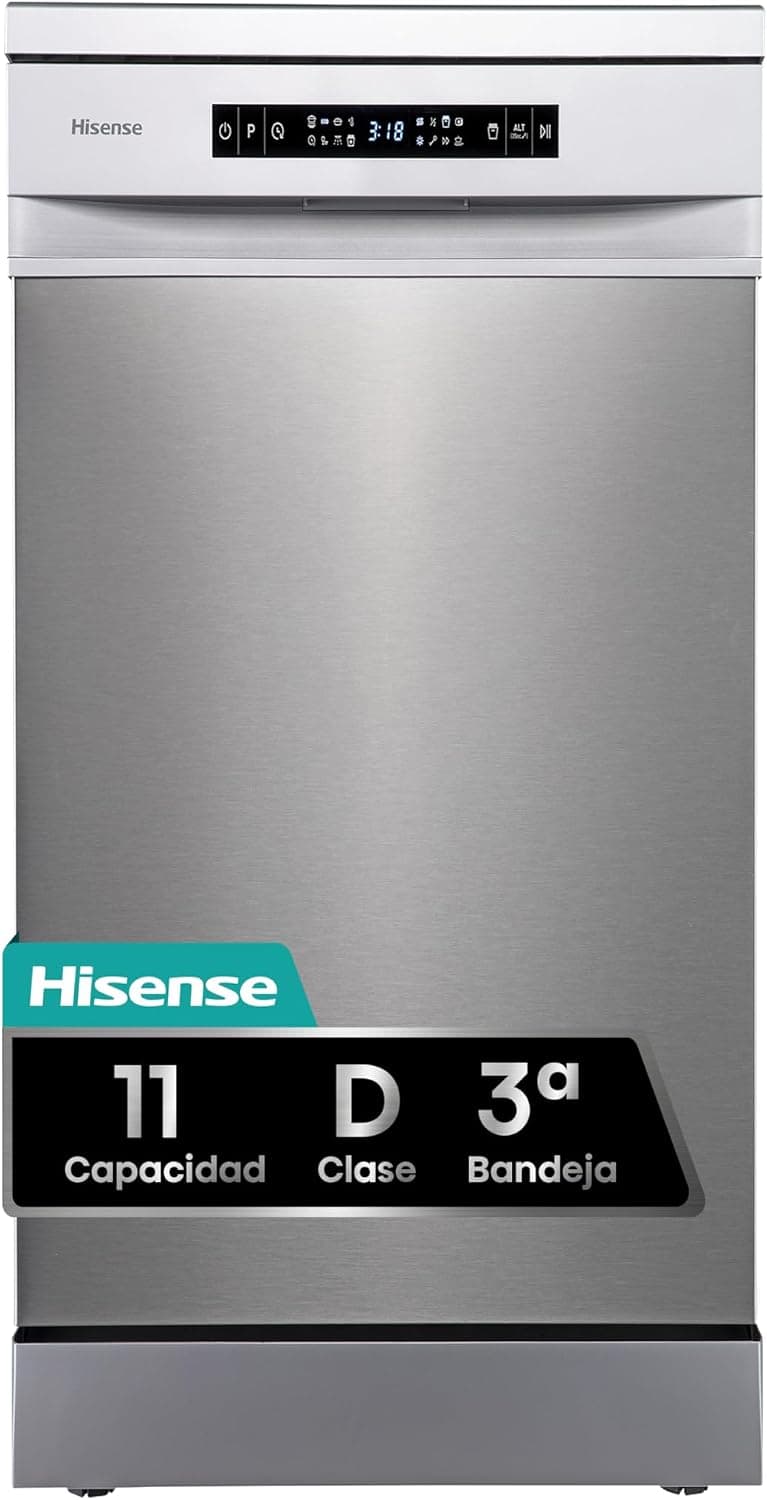 Hisense HS543D10X-Lavavajillas, Libre Instalación, 45cm de Ancho, Class D, 11 Servicios, 8 Programas, 1/2 Media Carga, 3ª Bandeja, Inicio Diferido, Apertura Automática de Puerta, Inox