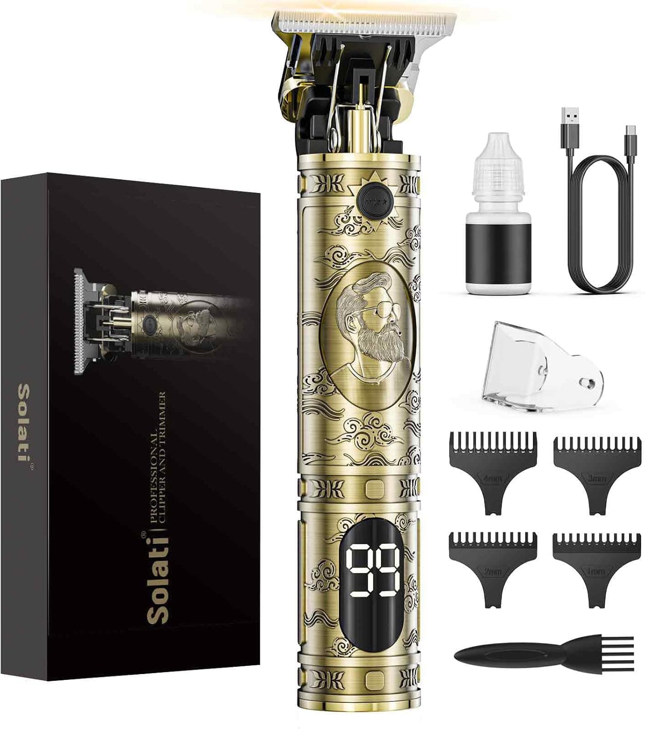 Maquina de Cortar Pelo Hombre, Maquina de Afeitar Hombre Eléctrica con LED Cortapelos Recortar Barba Sin Cable Maquinilla de Afeitar Cortar Pelo Para el Hogar y el Salón (Bronce)
