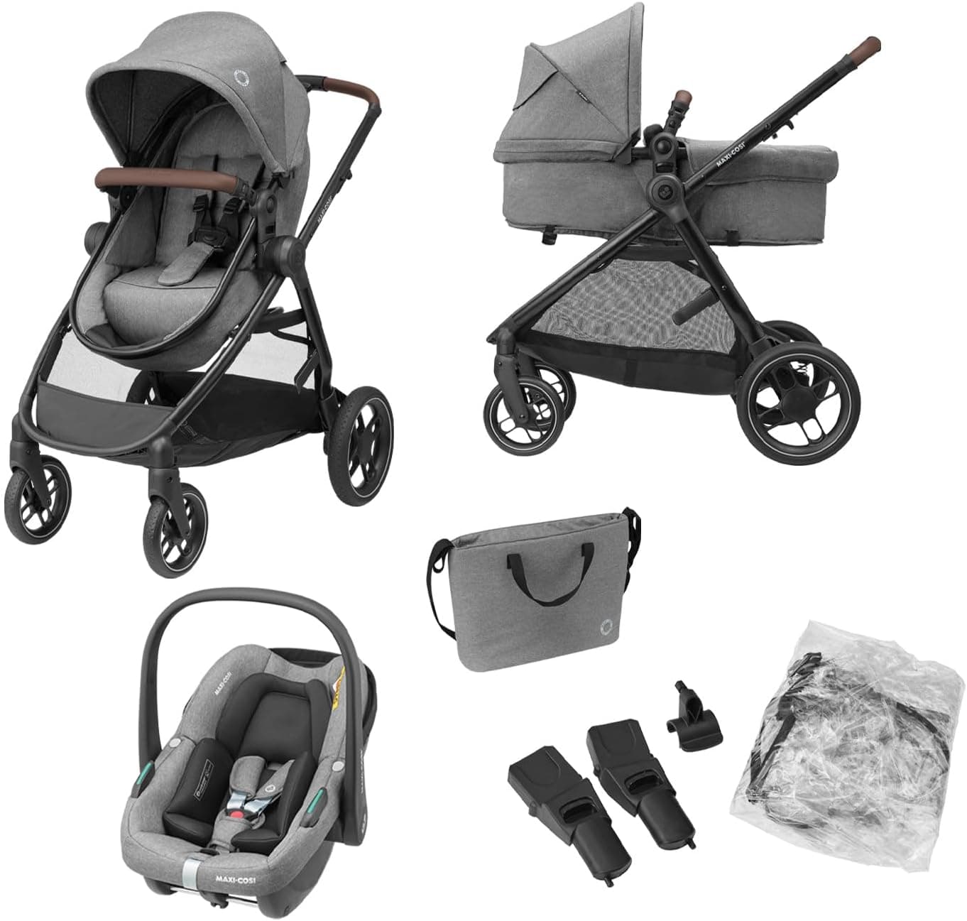 Maxi-Cosi Zelia S Trio Cochecito Bebe 3 Piezas, 0 - 4 Años, hasta 22 kg, Plegable, Compacto y Reclinable Silla de Paseo, con CabrioFix S i-Size Silla Coche Bebe, Accesorios, Bolso Cambiador, Gris