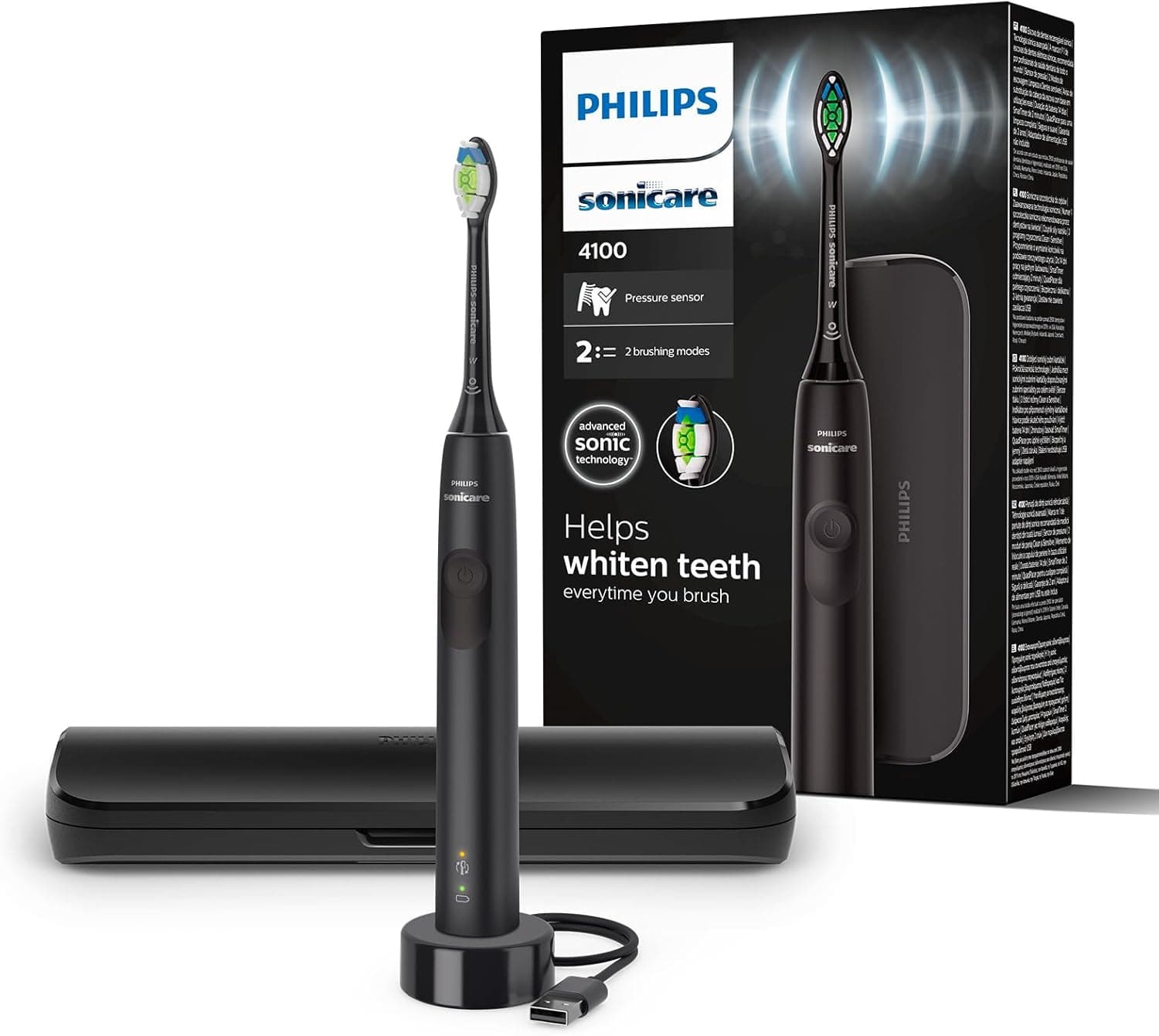 Philips Sonicare 4100 Cepillo dental eléctrico, para adultos, con 1 cabezal de cepillado sónico, W2 Optimal White en negro, estuche de viaje compacto y cargador USB, modelo HX3683/54