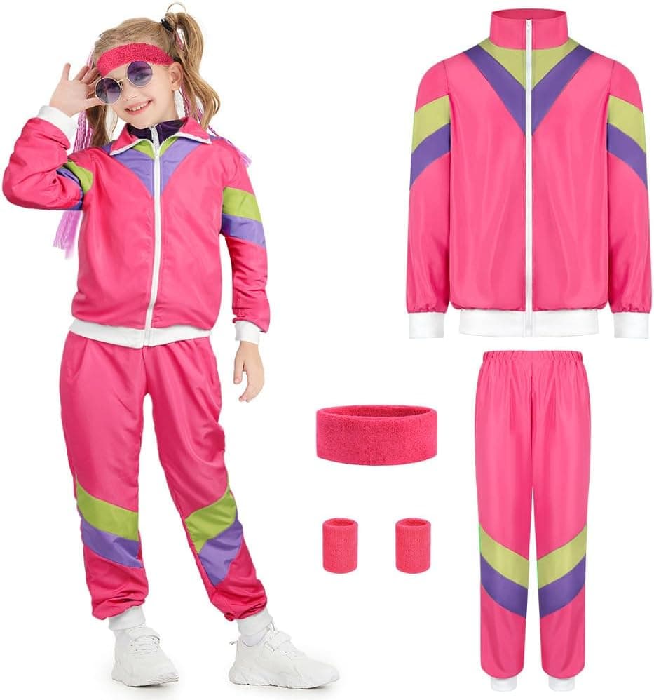 Disfraz Niños Chandal, Disfraz de Chándal de Los Años 80 con Bolsillos, Chaqueta y Pantalón con Diadema y Muñequera, Estilo Retro, Disfraz para Grupo, Fiesta Temática, Carnaval